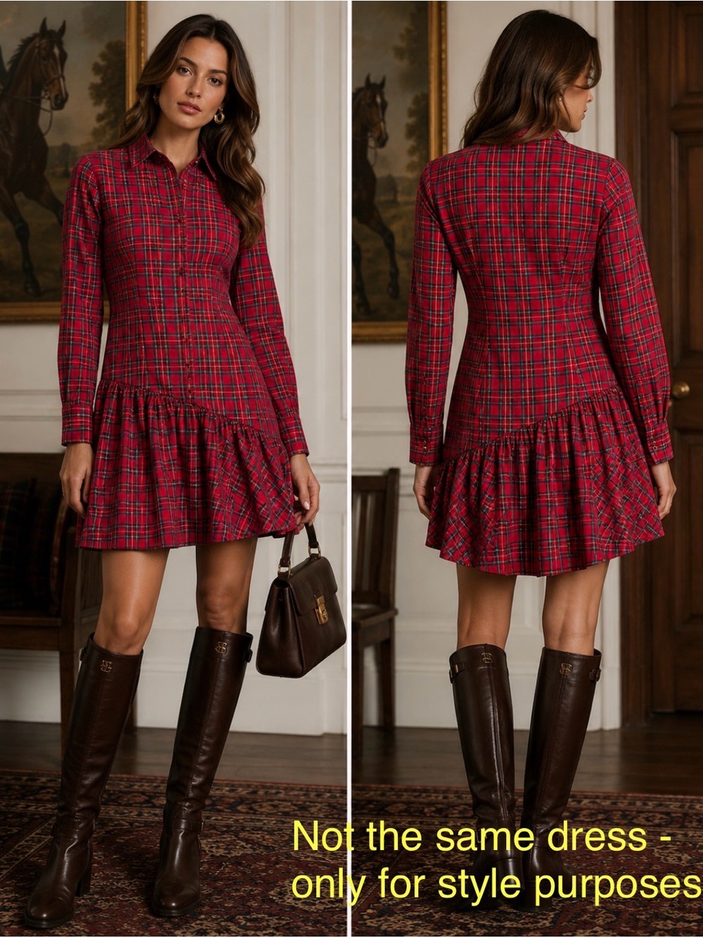 ZARA WOMAN Red Tartan Plaid Shirt Dress Long Sleeve Collared Mini XS